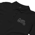 Black women's motorcycle polo shirt from The Biker Mule with geometric motorcycle embroidery