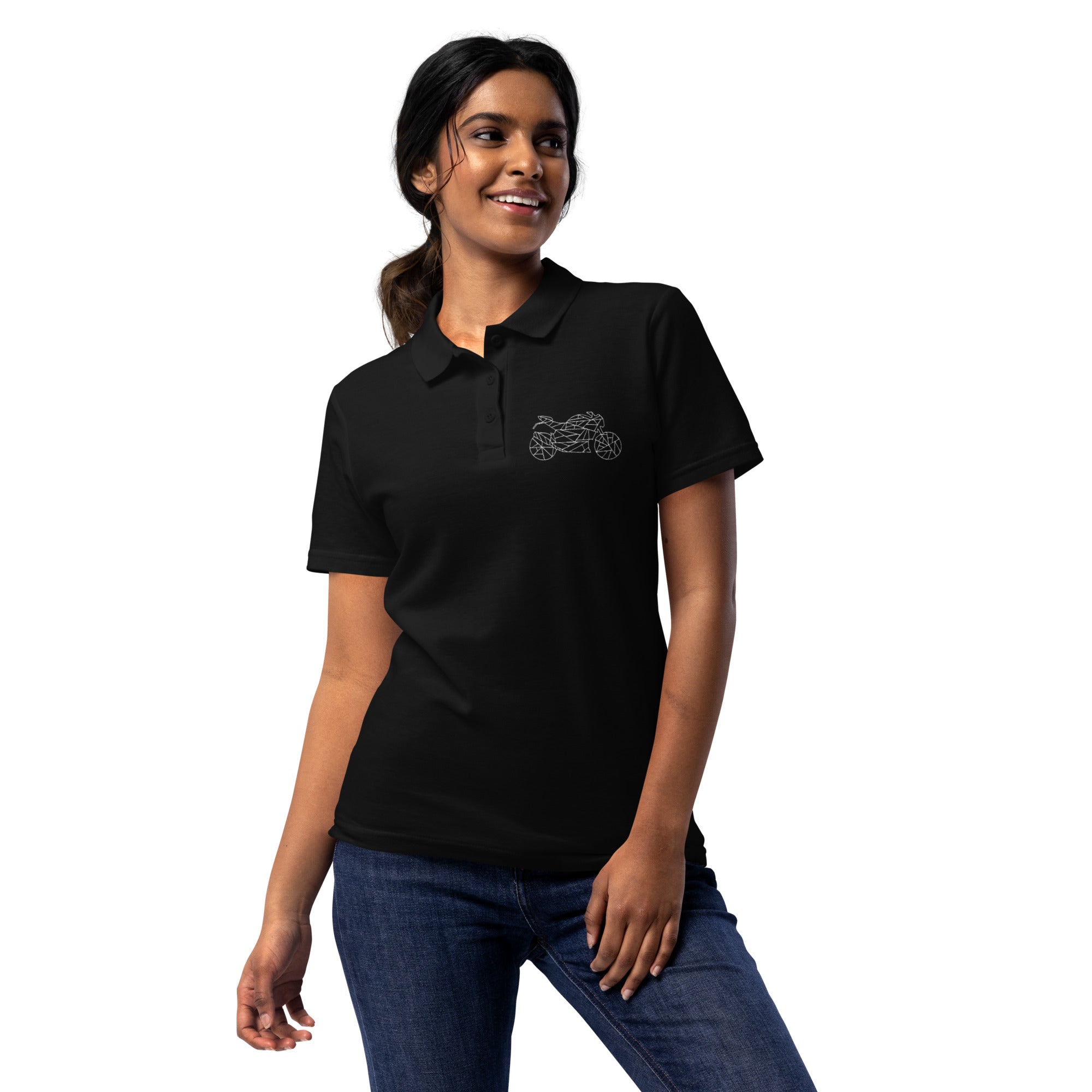 The Biker Mule women's motorcycle polo shirt in black with embroidered motorcycle logo worn by a smiling model