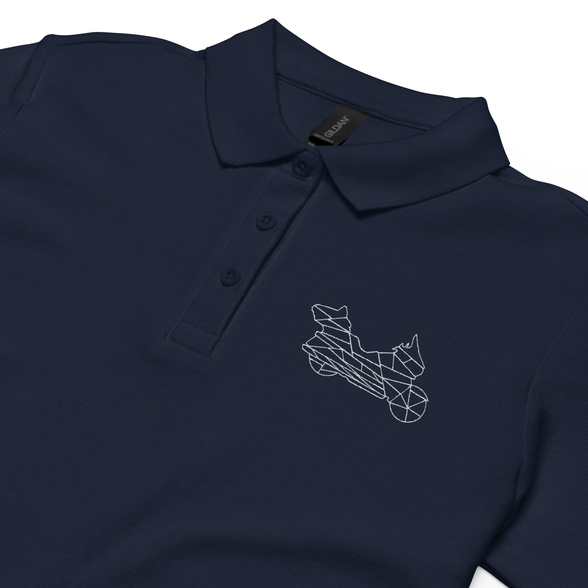 Navy blue women motorcycle polo shirt with geometric motorcycle design on chest by The Biker Mule